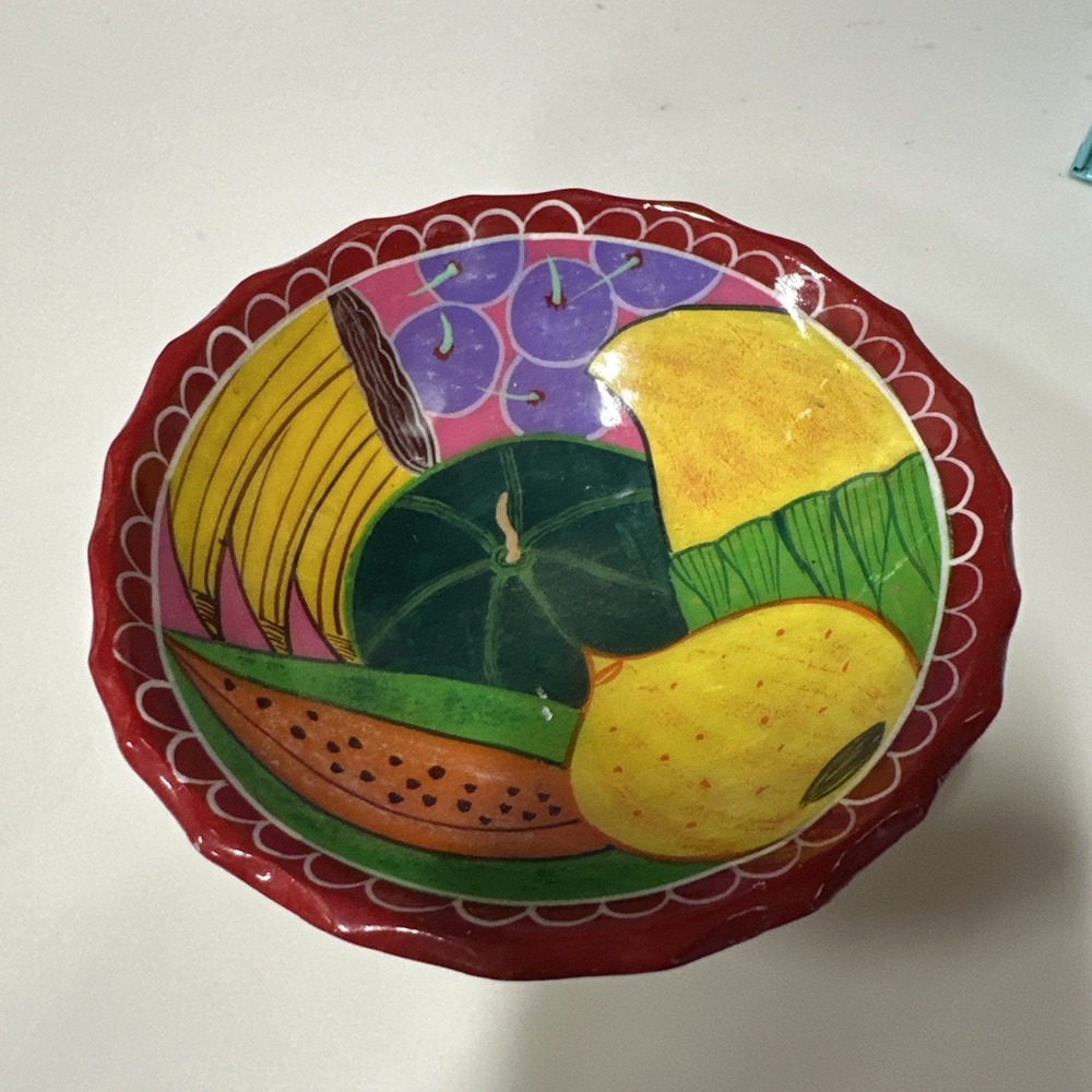 Mexican Pottery 3 Footed Salsa Trinket Bowl‎ Purple W/  Fruits 5 "